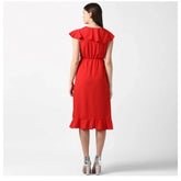 Women's Polyester Ruffled Cap Sleeve Knee-Length Dress (Red)